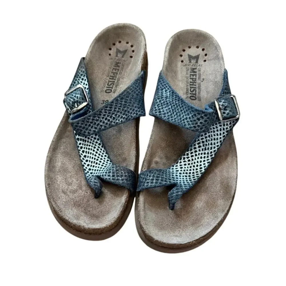 Mephisto Helen Blue Snakeskin Thong Sandals EU 39 US 8